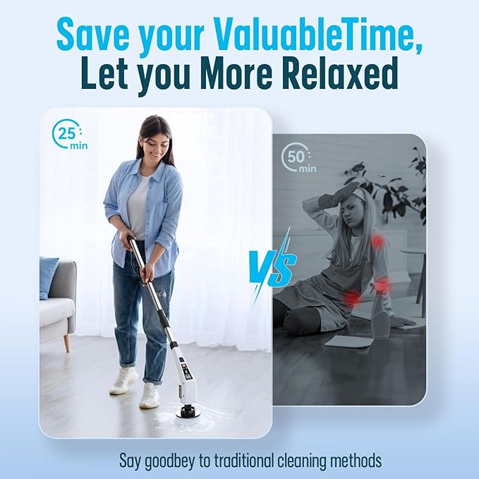 Electric Spin Scrubber, Cleaning Brushes for Household Use with 8 Replaceable Brush Heads, Power Scrubbers for Cleaning Bathroom, Extension Bath Brush Long Handle for Shower, Tub, Kitchen, Tile, Floor