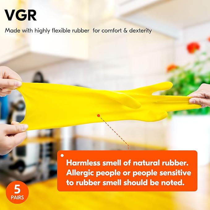 Vgo... 5-Pairs Reusable Household Gloves, Rubber Dishwashing gloves, Extra Thickness, Long Sleeves, Kitchen Cleaning, Working, Painting, Gardening, Pet Care (Size XL, Yellow, HH4601)
