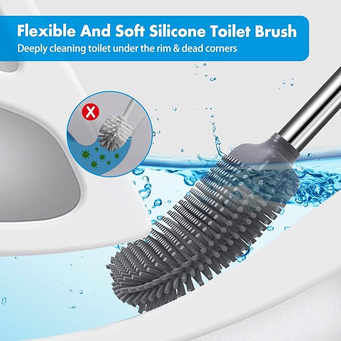 Toilet Brush, Silicone Toilet Brush and Holder Set, Flexible Toilet Bowl Brush Head with Ventilated Holder, Wall Mounted Compact Toilet Scrubber Set for Bathroom Cleaning (1, White)