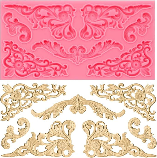 Vintage Curlicues Silicone Molds, Baroque Style Corner Relief Chocolate Molds, Filigree Scroll Flower Sculpted Cake Border Fondant Baking Molds for Cake Decoration Candy Clay Resin