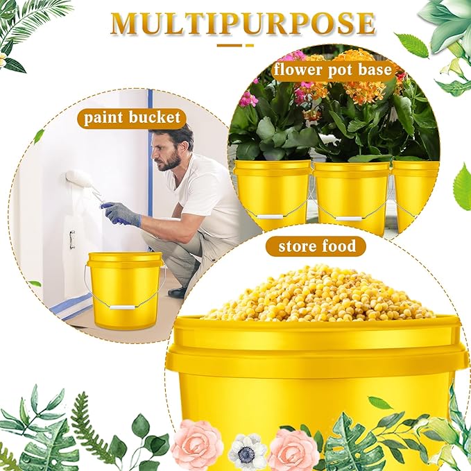 6 Pack 2 Gallon Plastic Bucket with Lid Heavy Duty Pail with Metal Handle Reusable Small Multipurpose Paint Buckets Container for Food Storage(Yellow)