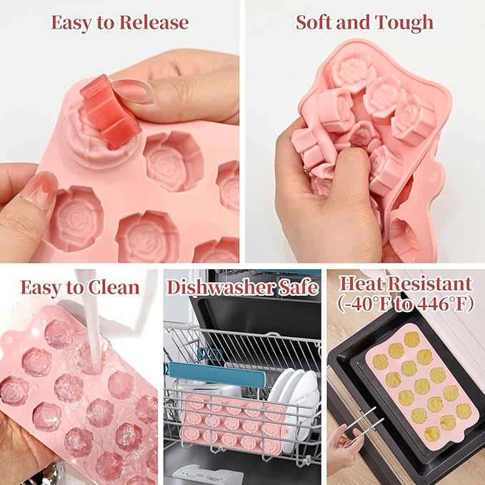 2 Pcs Rose Mold Silicone, 15 Cavity Flower Silicone Molds, Non Stick Rose Ice Cube Mold for Candy, Chocolate, Soap, Cupcake Decoration, Jelly, Dishwasher Safe, Pink + Gray