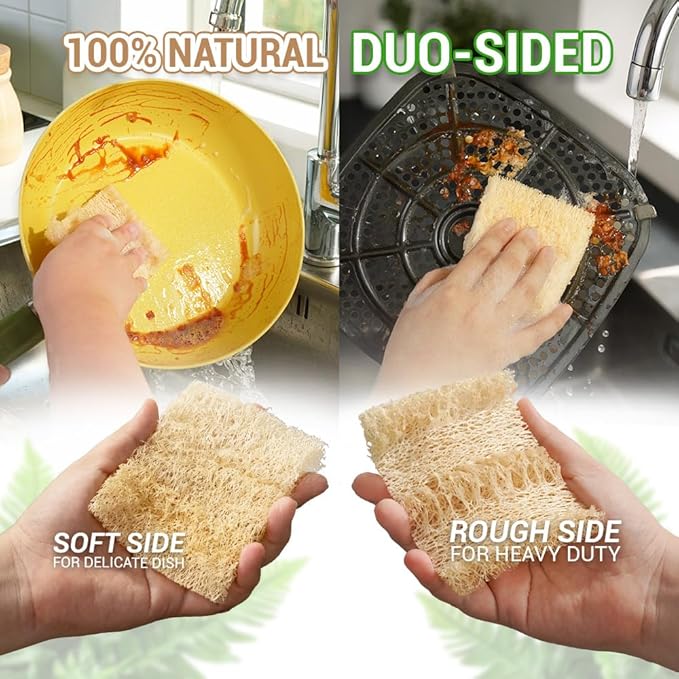 Natural Loofah Dual-Sided Scouring Pads, Plant-Based Non-Scratch Scrubbers for Kitchen Cleaning, Dishwashing, Household Use, 12 Count