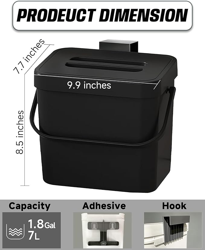 Countertop Compost Bin Kitchen, 1.8 Gallons Hanging Trash Can with Lid for Kitchen Cabinet Door, Under Sink, Wall Mounted Waste Bin for Bathroom, 7L(Black)