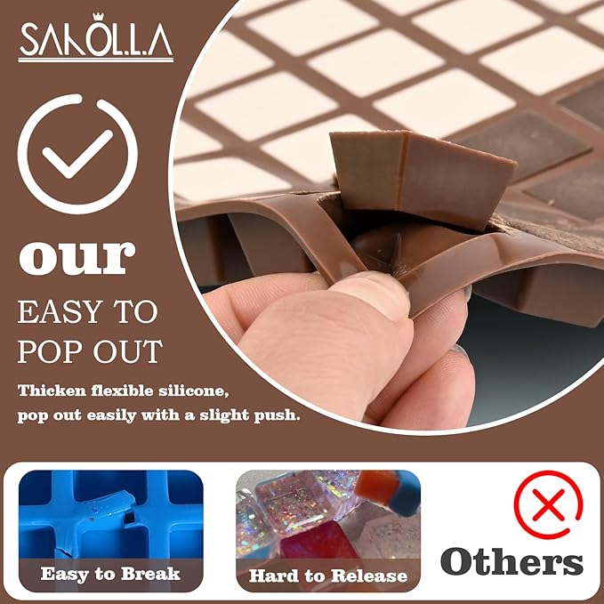Sakolla 2 Pack Square Chocolate Molds, 72 Cavities Terrace Silicone Molds for Chocolate, Candy, Gummy, Jelly, Ganache, Ice Cubes (Brown)