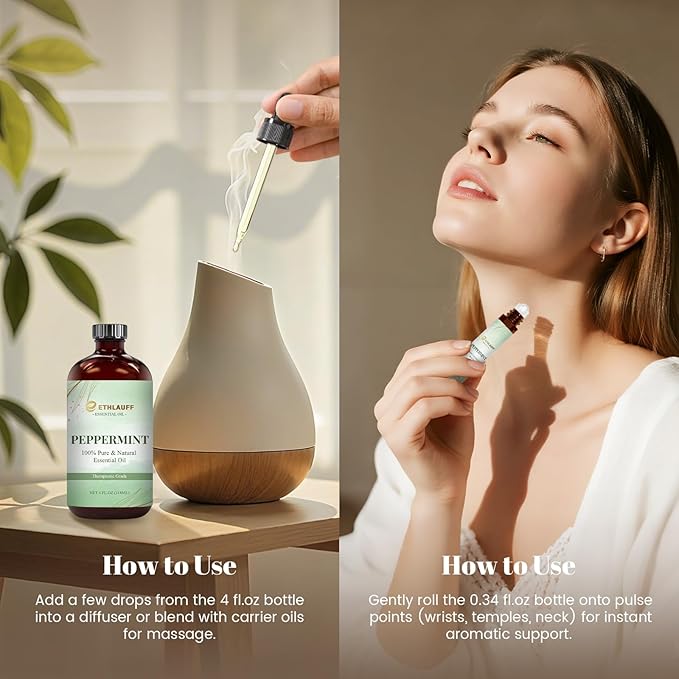 Peppermint Essential Oil & Roll-On Oi — Peppermint Oils for Aromatherapy, Diffusers, Humidifiers, Home fragrances, DIY Skincare, Candle, Soap Making, Relaxation, Yoga, and Meditation