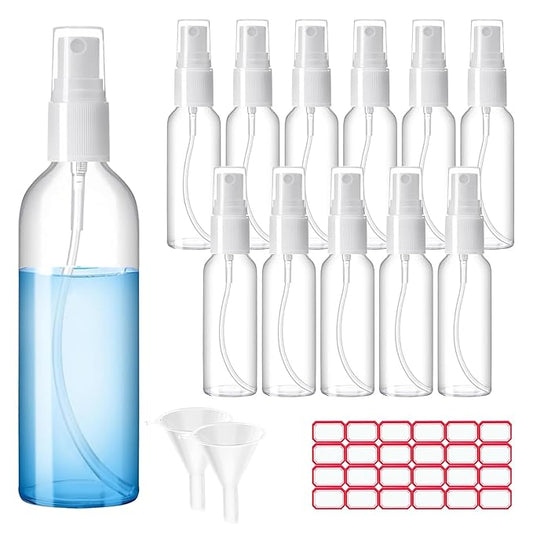 Spray Bottles, 1oz/30ml Clear Empty Fine Mist Plastic Mini Travel Bottle Set, Small Refillable Liquid Containers with 2pcs Funnels and 24pcs Labels (12 Pack)
