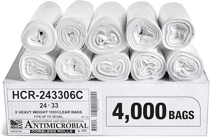 Aluf Plastics High Density Trash Bags, 16 Gallon, 4000 Count, 6 Micron (eq), 24" x 33", Clear, for Bathroom, Office, Industrial, Commercial, Janitorial, Municipal, Recycling