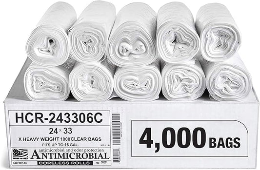 Aluf Plastics High Density Trash Bags, 16 Gallon, 4000 Count, 6 Micron (eq), 24" x 33", Clear, for Bathroom, Office, Industrial, Commercial, Janitorial, Municipal, Recycling