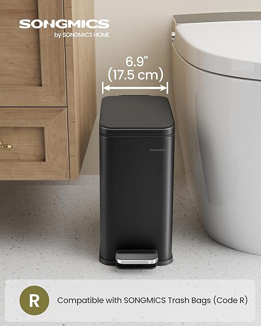 SONGMICS Bathroom Trash Can, 2.6 Gallon (10 L) Small Trash Bin with Lid, Slim for Small Spaces, Stainless Steel Garbage Can, Soft Close, Black ULTB561B10