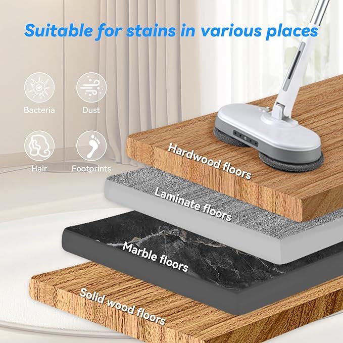 Cordless Electric Mop, Dual Motor Powerful Spin Mop 2600 mAh, Floor Polisher,1H Rechargeable Power Mops with LED Light/Water Sprayer, Electric Mops for Floor Cleaning for Hardwood, Tile, Rotate 180°