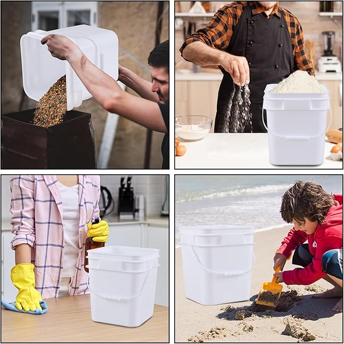 Vababa 3 Gallon White Square Buckets with Lid for Food Storage, 4 Pcs Plastic Food Grade Buckets with Lid and Handle