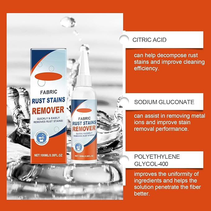 Fabric Rust Remover For Clothes, Strong And Effective Rust Stain Remover For Fabric, Garments & Washable Textiles, 3.38 FL.OZ
