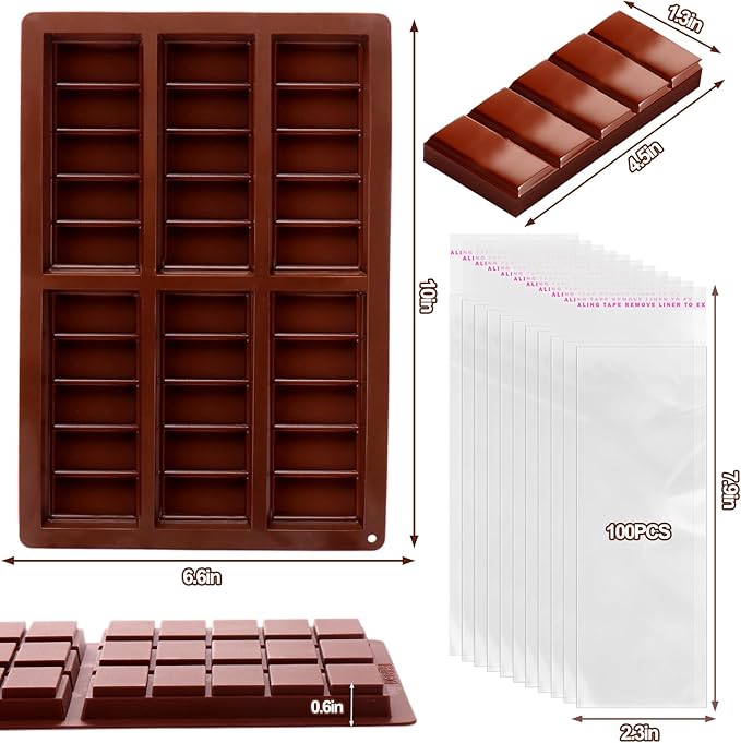 Mity Rain Chocolate Bar Mold Deep, Silicone Thick Mold for Stuffed Bars, Rectangle Knafeh Pistachio Break Apart Candy Molds With 100pcs Storage Bags