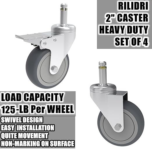 2-Inch Swivel Stem Caster, 7/16-Inch Stem Diameter Rubber Wheel, Thermoplastic Rubber TPR Replacement Wheels - 4 Pack(2 Brakes 2 Swivel)