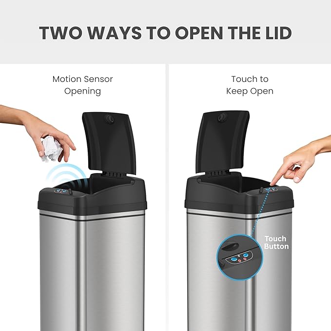 iTouchless 50 Liter / 13 Gallon Kitchen Trash Can with AC Adapter, Lid & Odor Filter – Motion Sensor Stainless Steel Garbage Bin for Home, Office, or Garage – Slim, Large Capacity Design