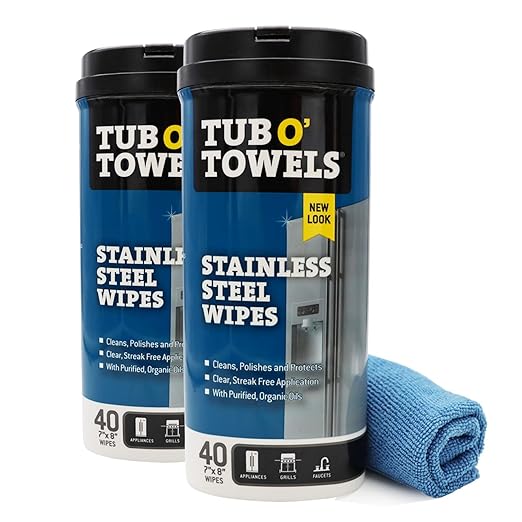 Tub O' Towels Heavy Duty Stainless Steel Cleaner Wipes, 40 Count, 2 Pack, with 12” x 12: Micro Fiber Cloth