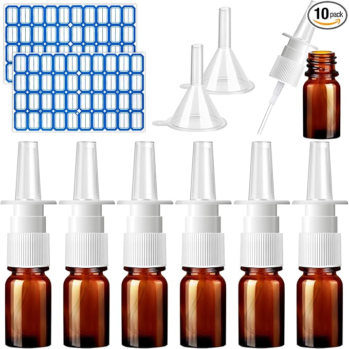 10 Pcs Nasal Spray Bottle, 5ML/0.17OZ 6 Pcs Brown Fine Mist Glass Empty Refillable Nasal Spray Bottle with 2 Pcs Funnels and 2 Pcs Labels