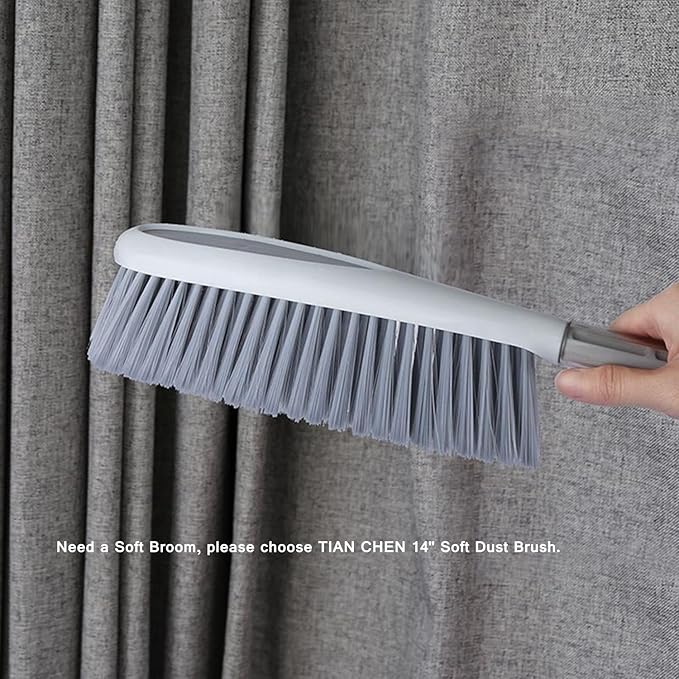 Hand Broom, 14 inch Large Counter Duster, Slightly Stiff Plastic Bristle Brush with Long Handle, Sweep for Furniture, Floor, Bench, Carpet, Woodworking, Patio, Home, Shop(Gray, 14 inch)