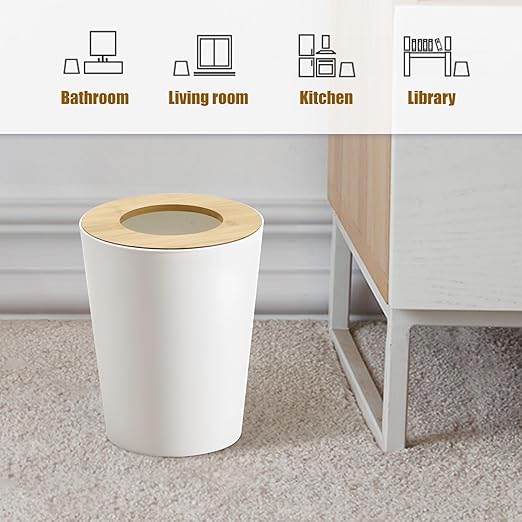 White Trash Can for Bedroom with Bamboo Lid, 2.4 Gallon Open Top Trash Can 3 Pack, Modern Aesthetic Garbage Can for Room Office Living Room, Small Bathroom Trash Bin Boho Style