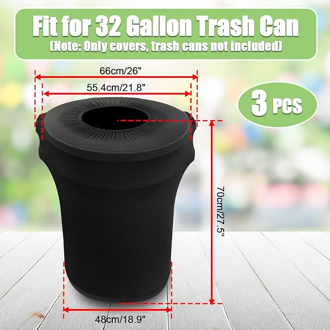 BTSKY 3Pcs Black Round Trash Can Cover 32 Gallon Stretch Spandex Trash Can Covers Outdoor Decorative Trash Bin Covers for Outside Wedding Parties Commercial Fundraiser Decor