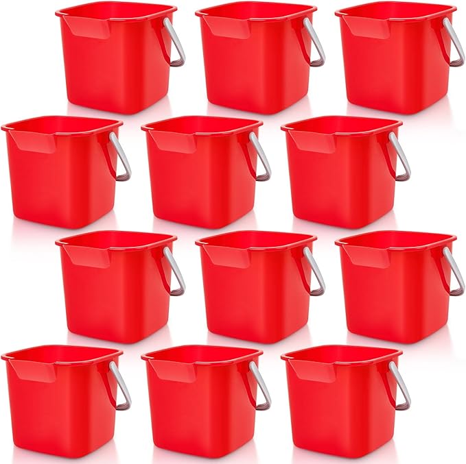 Irenare 12 Pcs Sanitizing Bucket 3 Quart Cleaning Pail Small Detergent Square, Spout and Handle Plastic Utility Sanitizer Buckets for Restaurant Kitchen Home Offices (Red)