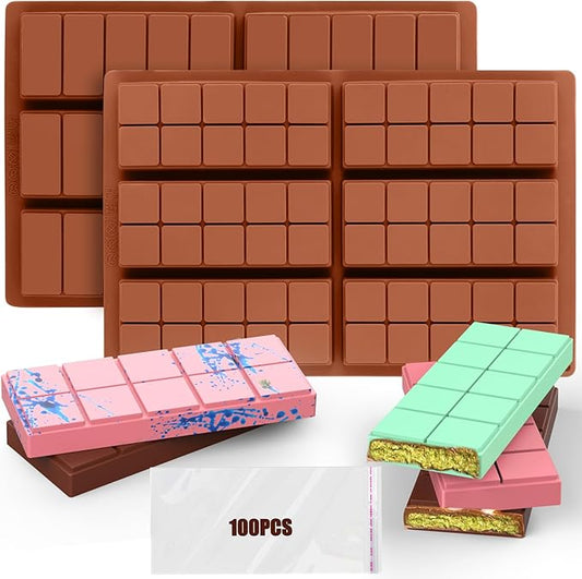 Palksky Chocolate Bar Mold Deep, 2PCS Silicone Chocolate Molds Thick for Stuffed Knafeh Pistachio, Dubai Chocolate Bar Pistachio Mold, Chocolate Making Supplies with 100PCS Bags