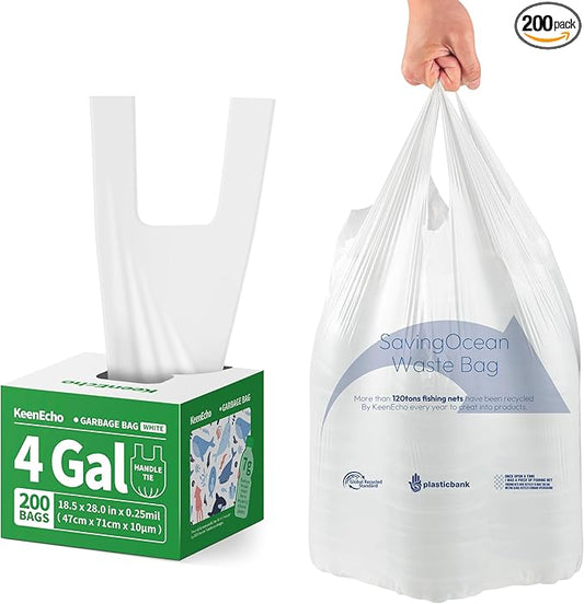 Small Trash Bags with Handles 4 Gallon 200 Count White - Ocean Plastic Upcycling - Plastic Garbage Bags, Can Bin & Waste Basket Liner for Kitchen, Bathroom, Office and Pets