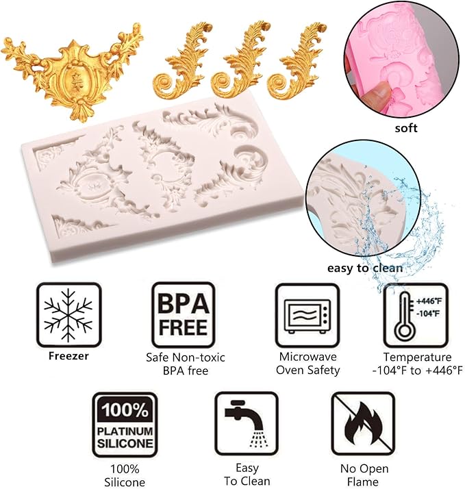 Baroque Silicone Molds Relief Chocolate, Border Feather Scroll Mold for Wedding Cake Decoration, Cupcake Toppers Clay Candy