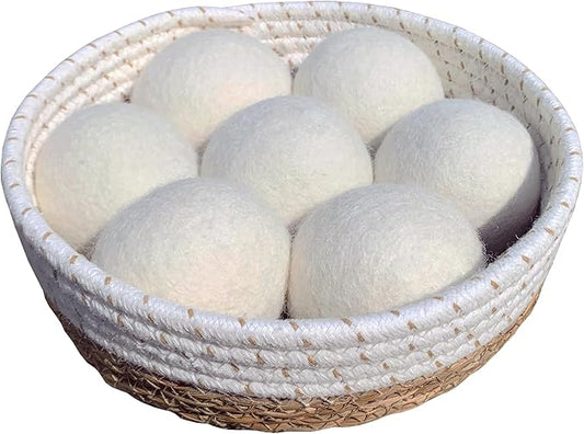 New Zealand Wool Dryer Balls | 7-Pack in Handmade Basket | Speed Up Drying & Reduce Wrinkles | Natural Reusable Fabric Softener