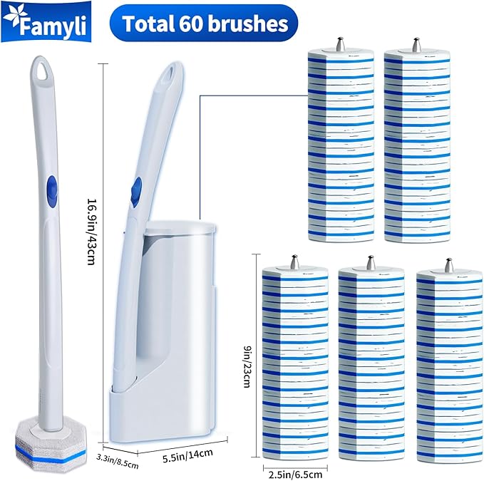 Disposable Toilet Brush Set with 60 Replacement Heads, Toilet Cleaning Replacement Pads, Starter Kit with Storage Case for Deep Cleaning and Hygienic Bathroom Maintenance