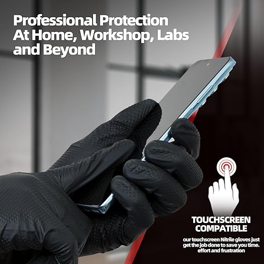 Jointown Basic Heavy Duty Nitrile Gloves, Mechanic Gloves 8 Mil Nitrile Disposable, with Raised Diamond Texture, Case of 100, Black, Medium