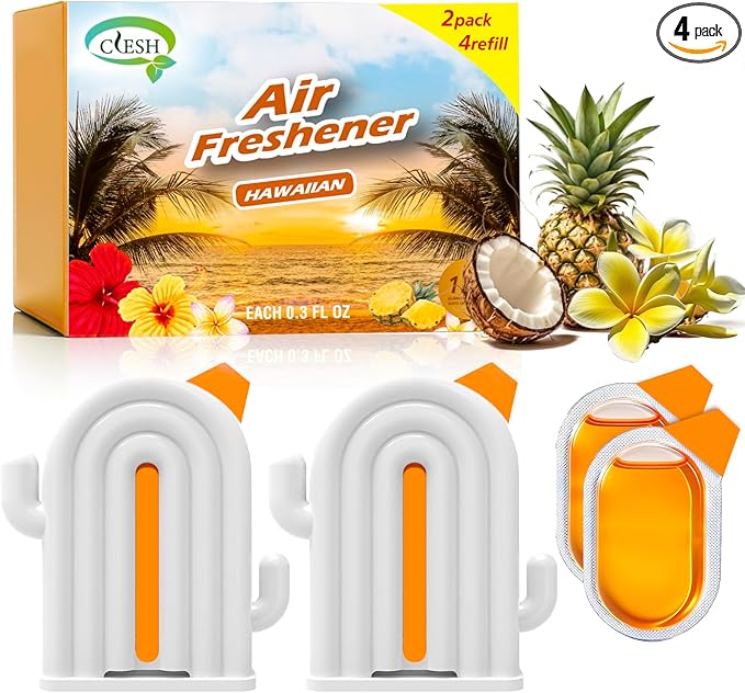 Air Freshener for Home, 2 Pack, 2 Refill, Hawaiian Scent, Odor Eliminator, Up to 120 Days, Cactus-shaped Freshener for Closet Bathroom, Cute Home Decor, White