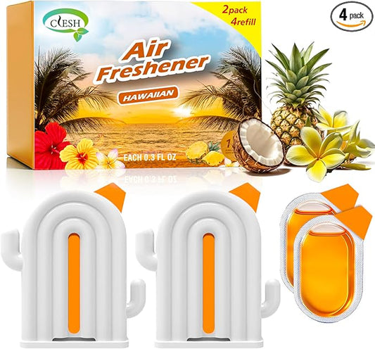 Air Freshener for Home, 2 Pack, 2 Refill, Hawaiian Scent, Odor Eliminator, Up to 120 Days, Cactus-shaped Freshener for Closet Bathroom, Cute Home Decor, White