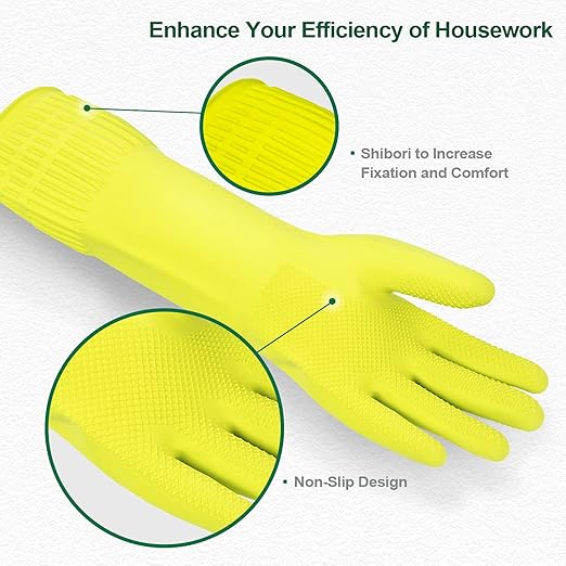 Mamison 2 Pairs Reusable Waterproof Household Dishwashing Cleaning Rubber Gloves, Non-Slip Kitchen Glove (Green, Large (Pack of 2))
