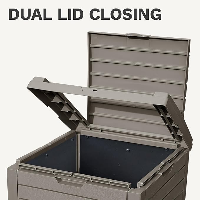 DWVO 38 Gallon Large Outdoor Trash Can, Waterproof Resin Hideaway Garbage Bin with Lid and Drip Tray, Outside Trash Bin for Porch, Backyard, Deck, Patio, Poolside, Easy to Clean, Taupe