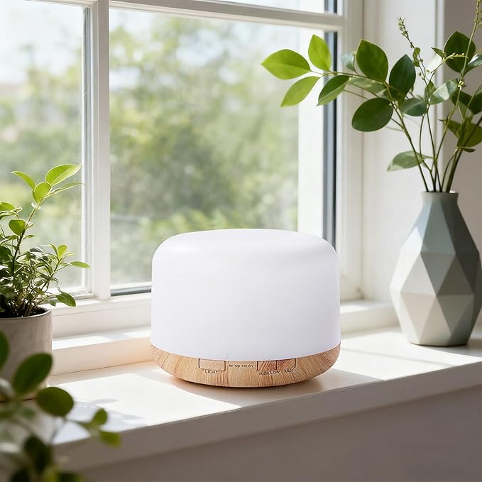 500ML Essential Oil Diffuser, Home Aroma Diffuser, Humidifier for Bedroom Large Room, Quiet 5-in-1 Humidifier: 7 Color LED, 2 Mist Mode, Remote Control, Timer, Waterless Auto Off-Wood Bottom