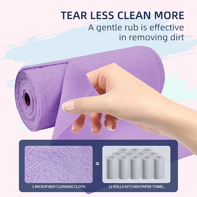 Microfiber Cleaning Cloth Roll - 85 Pack, Tear Away Microfiber Towels, 12" x 12", Reusable, Washable, Streak Free, Ultra Absorbent Dish Rags for Car, Home, Garage or Shop (Purple)
