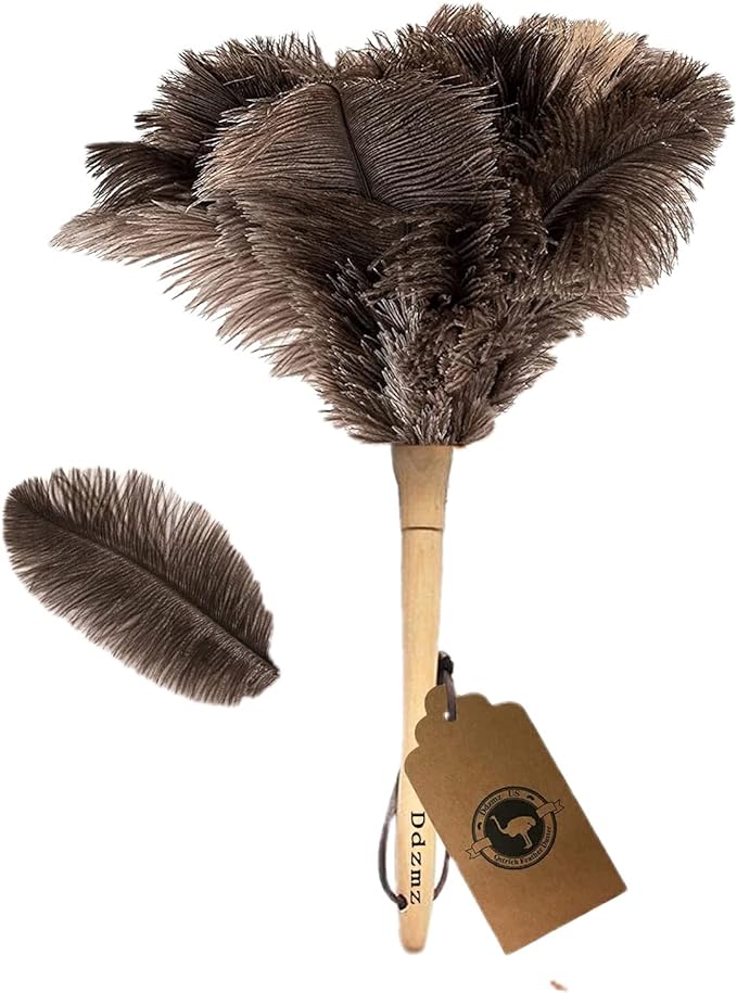 Feather Duster, Feather Dusters for Cleaning Ddzmz Fluffy Natural Genuine Ostrich Feathers with Wooden Handle Reusable Handheld Ostrich Feather Duster Cleaning Supplies, Gray and Brown(Length 16")
