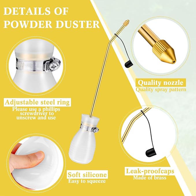 Boao Diatomaceous Earth Powder Duster Bulb Duster Sprayer 3.5 oz with Long Copper Garden Powder Applicator Dispenser for Organic Gardening Agricultural Supplies(White)