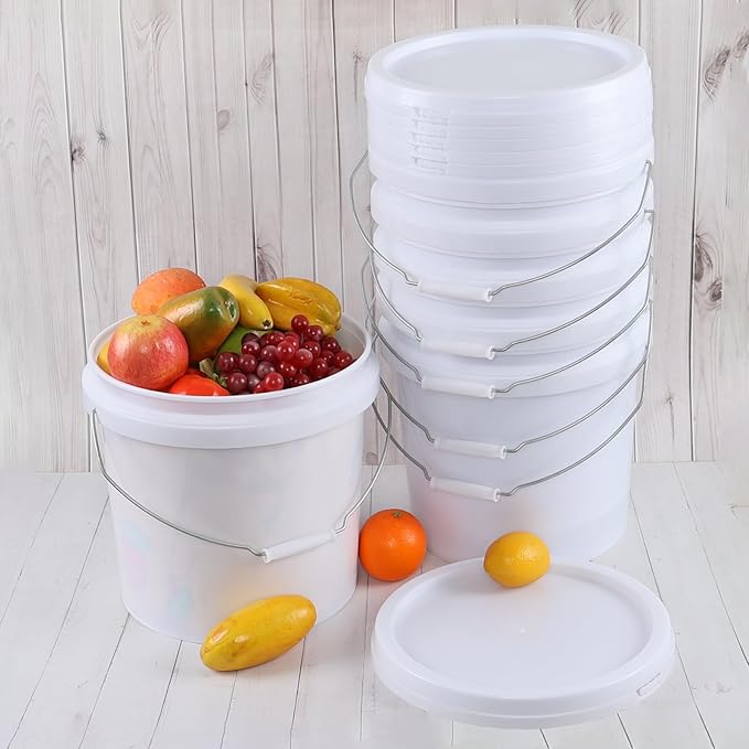 6 Pack 4 Gallon Plastic Storage Buckets Pails with Sealed Lids, Round Food Grade Buckets with Handle, White
