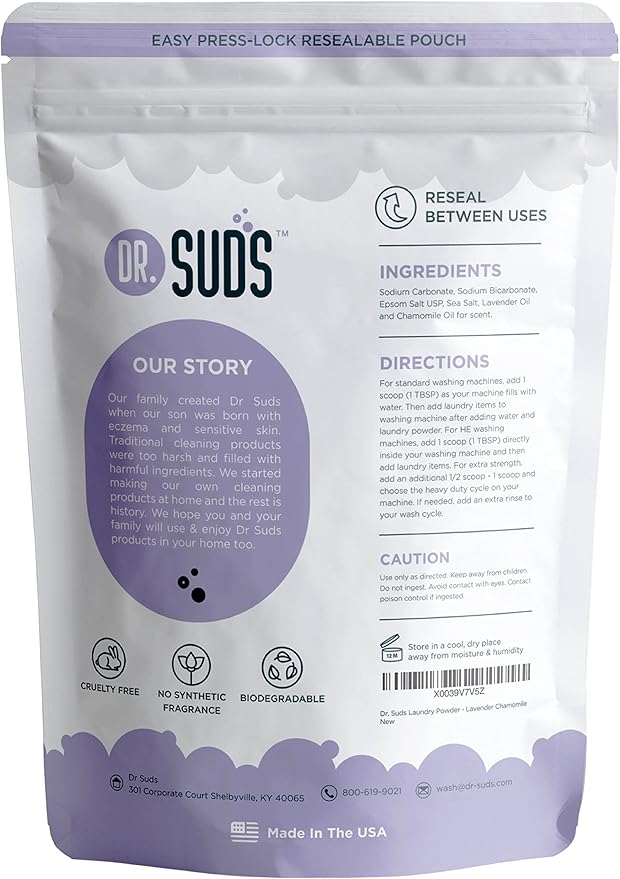 Dr Suds Natural Laundry Detergent Powder 4 Lbs 100+ Loads Skin Friendly with Lavender Chamomile Made with Natural Earth Minerals Made in USA