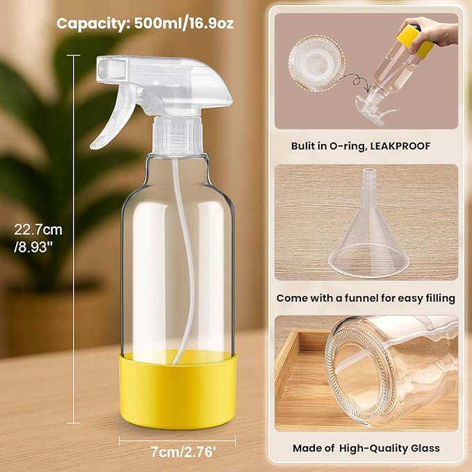 Glass Spray Bottles with Silicone Sleeve 16.9oz 2 Pack Empty Spray Bottle for Hair Mist/Stream Spraying for Cleaning Solutions, Plants, Essential Oils (clear-sblue&yellow)