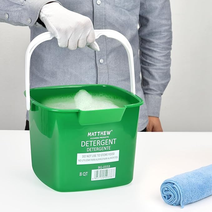 Matthew Detergent&Sanitizing Cleaning Bucket 8 Quart Plastic Pail,Set of 12 Square Containers,Built-in Spout w/Handle,Wash Rinse Sanitize Handwash Bucket for Home Office Commercial Restaurant (Green)