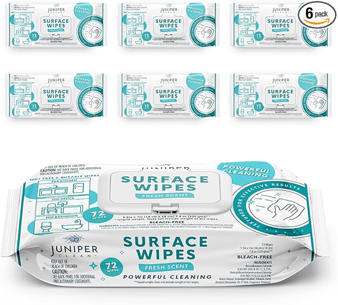 6 Pack Surface Cleaning Wipes Bleach Free, All-Purpose Cleaner for Bathroom, Kitchen, Office, 72 Count Soft Flow, Fresh Scent, Lint Free & Durable