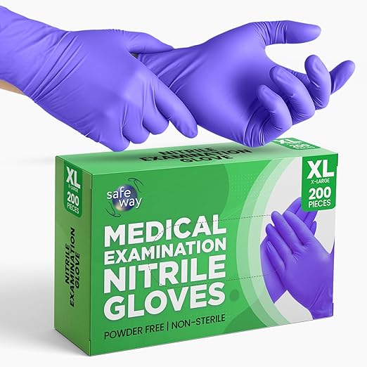 SafeWay Nitrile Gloves, 200 Ct, X-Large, Powder-Free, Latex-Free, All-Purpose, Professional Disposable Gloves with Textured Fingertips for Medical Use, Food Prep, Cleaning, Tattoo & More