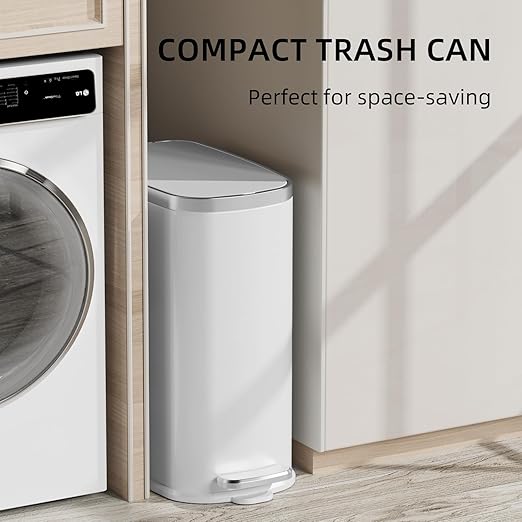 KUK Slim Bathroom Trash Can with Lid Soft Close, Step Pedal, 2.6 Gal/ 10L Stainless Steel Garbage Can with Removable Inner Bucket, Anti-Fingerprint Wastebasket for Office, Bedroom, Toilet (White)