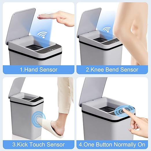 Smart Touchless Bathroom Trash Can 2.2 Gallon Automatic Motion Sensor Rubbish Can with Lid Electric Narrow Small Garbage Bin for Kitchen, Office, Toilet, Bedroom (Grey)