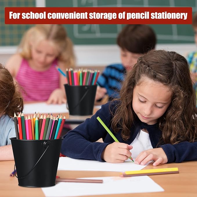 24 Pcs Mini Metal Buckets Black Small Bucket Galvanized Pail Iron Flower Pot Pencil Holder with Handles for Halloween, Christmas, Party Favors, Black Wedding Decor, Craft, Candy Bars, Vase, Classroom