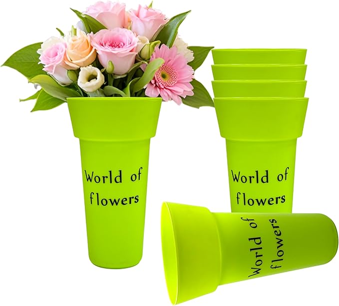 VITAGIR. Set of 6 Buckets for Cut Flowers in Plastic Green Matte Color 14 Inch, Flower Buckets for Flower Bar Ideal for Displaying Flowers in Florist Shop or as Home. (Green)
